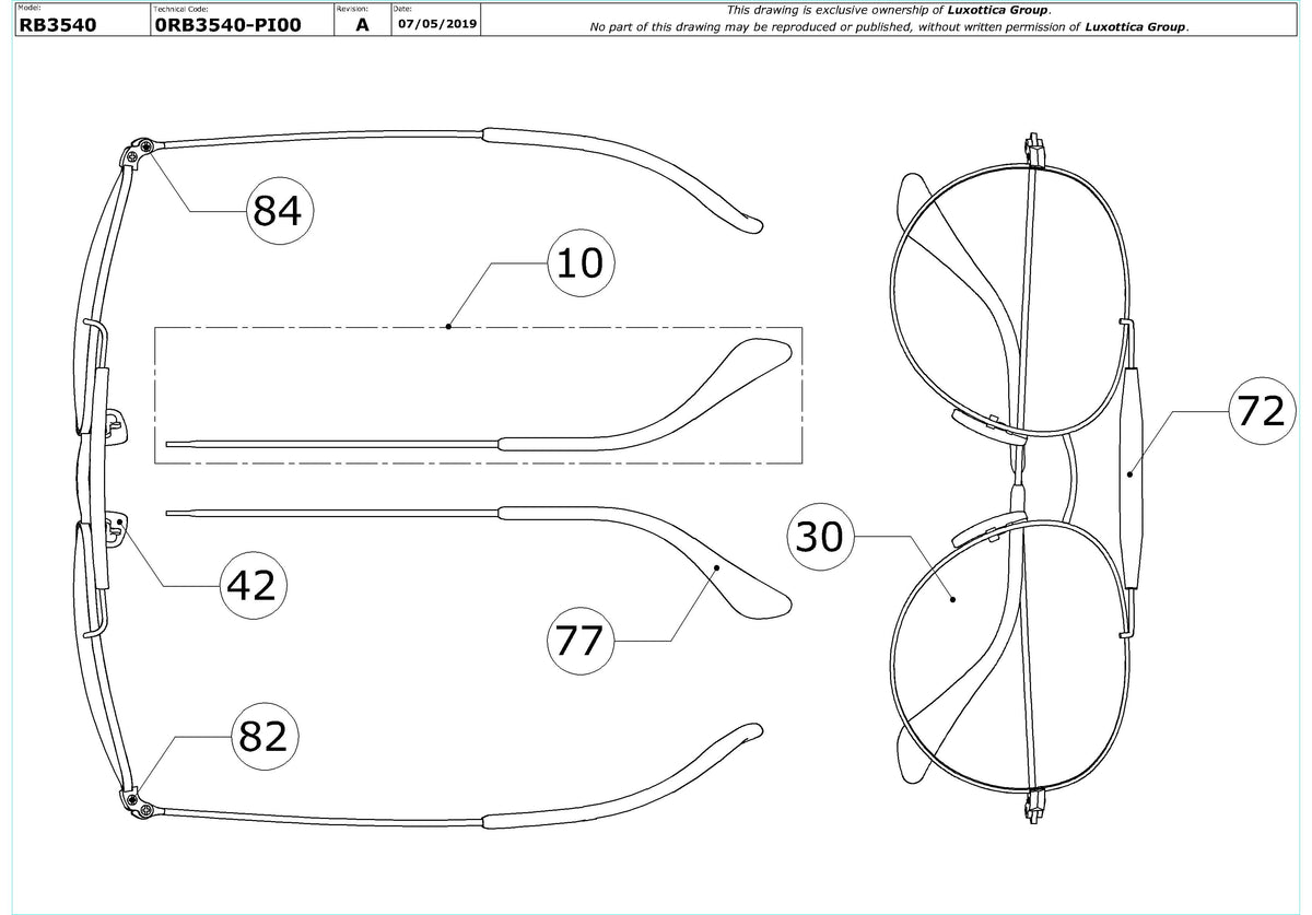 Enlarged technical drawing of the Ray-Ban RB3540 Replacement Parts