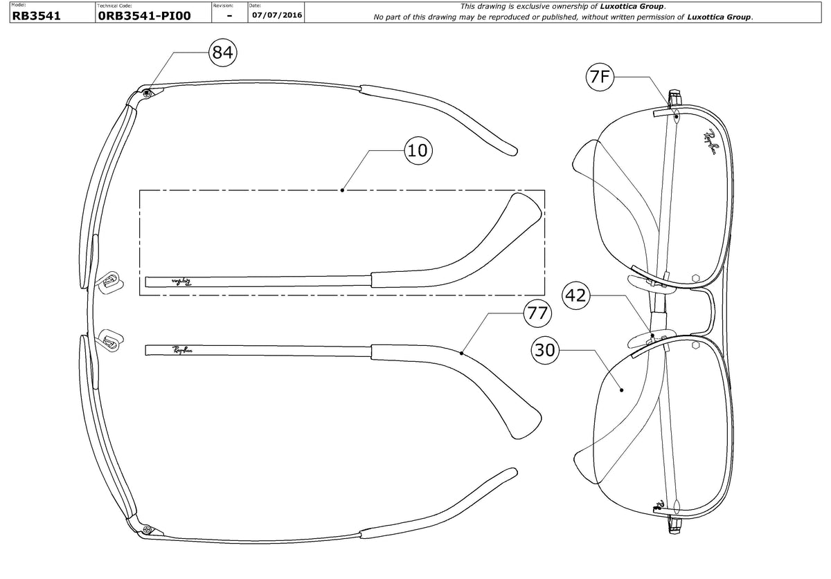 Exploded technical drawing of the Ray-Ban RB3541 Replacement Parts, with each replacement part numbered