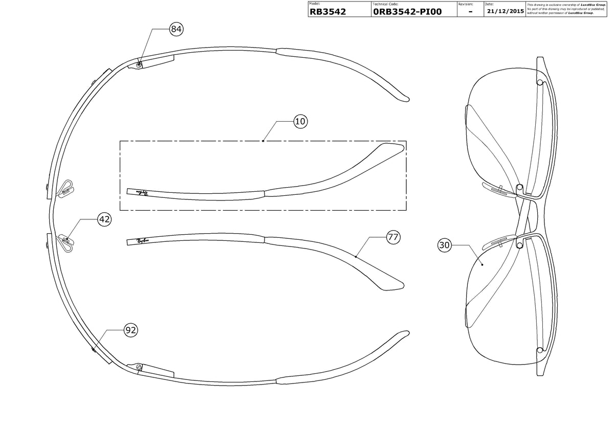 Enlarged technical drawing of the Ray-Ban RB3542 Replacement Parts