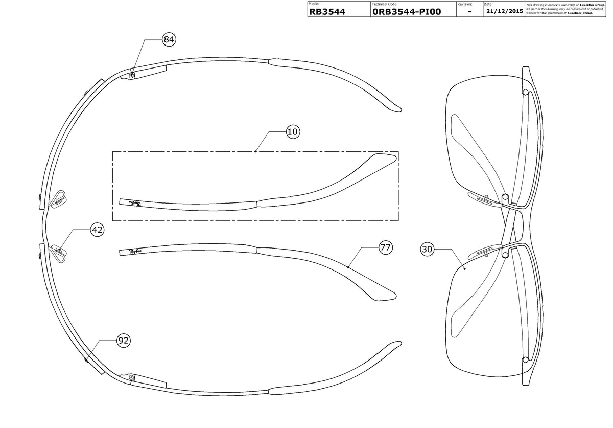 Exploded technical drawing of the Ray-Ban RB3544 Replacement Parts, with each replacement part numbered