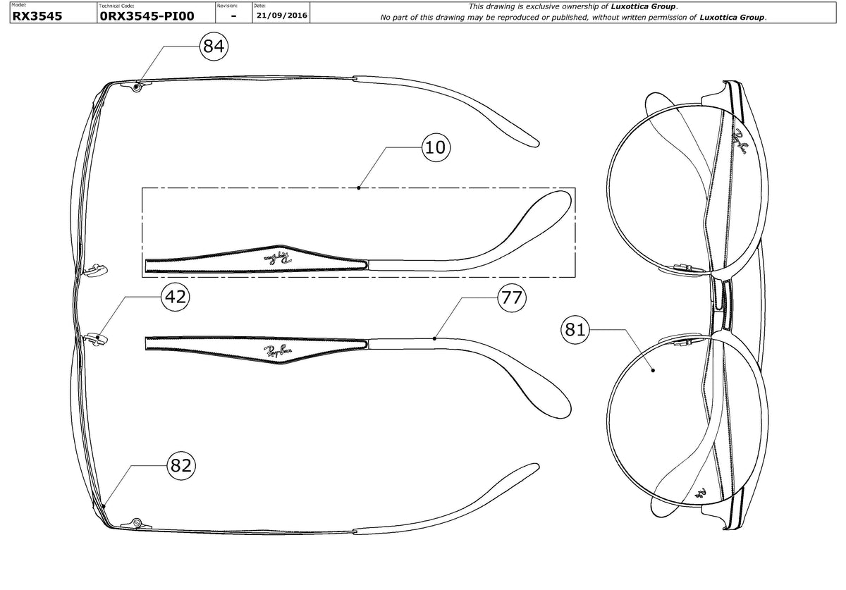 Exploded technical drawing of the Ray-Ban RB3545 Replacement Parts, with each replacement part numbered