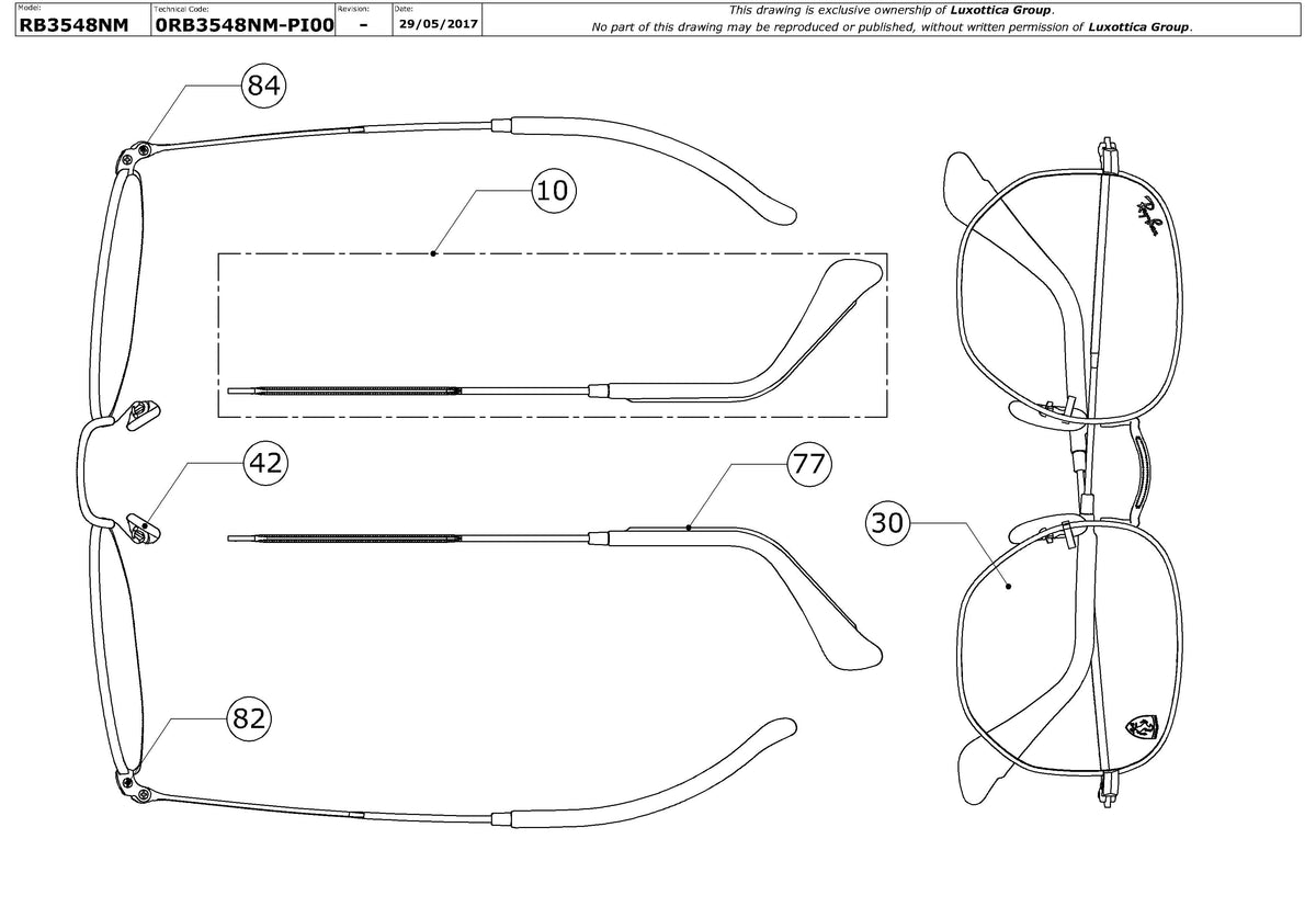 Enlarged technical drawing of the Ray-Ban Ferrari RB3548NM Replacement Parts