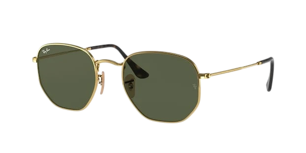 A pair of Ray-Ban hexagonal sunglasses with green lenses and gold frame.