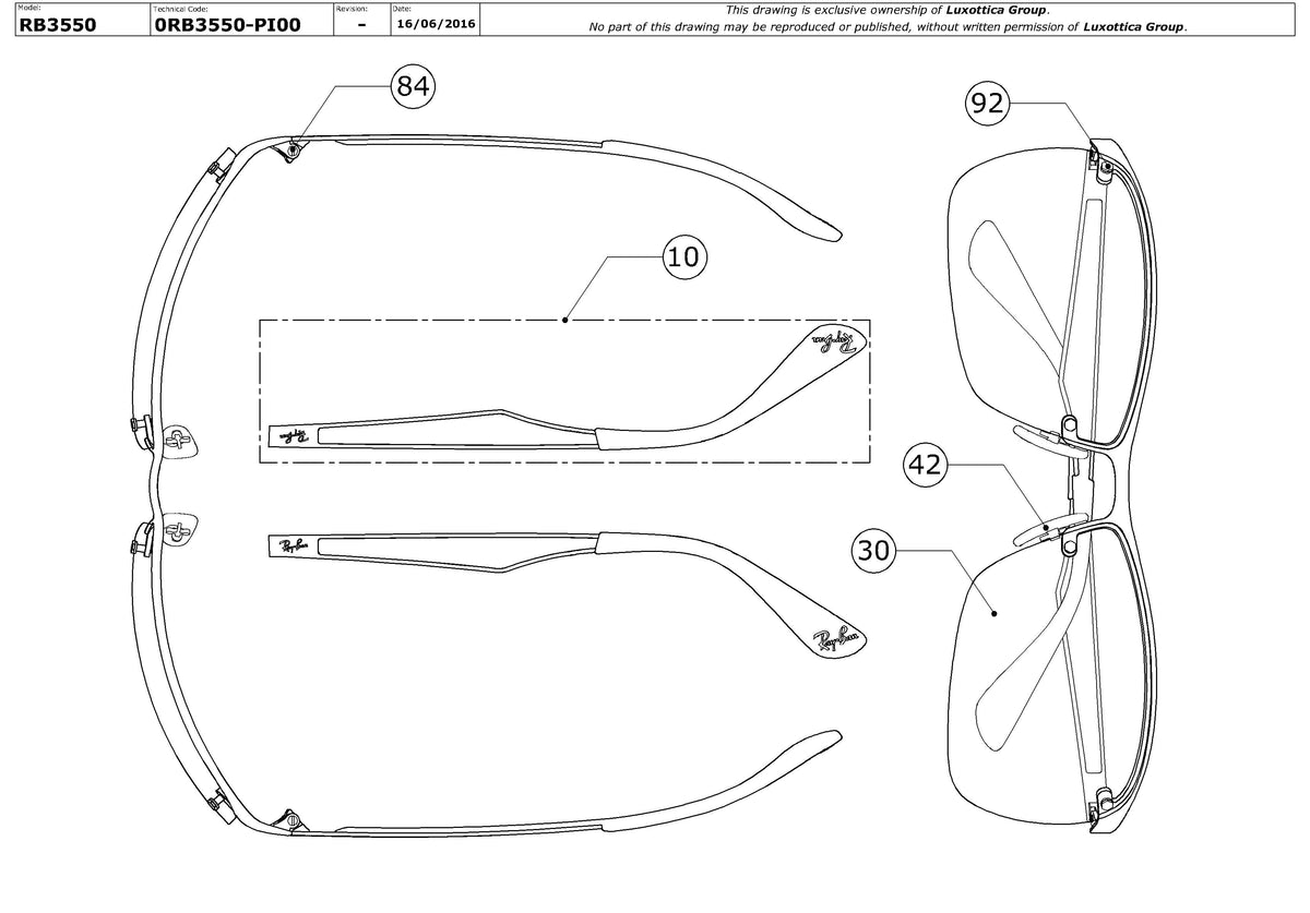 Enlarged technical drawing of the Ray-Ban RB3550 Replacement Parts