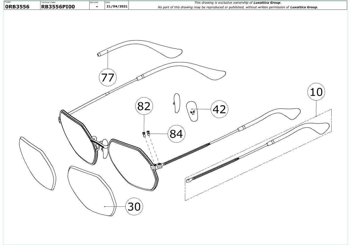 Exploded technical drawing of the Ray-Ban Octagonal RB3556 Replacement Parts, with each replacement part numbered
