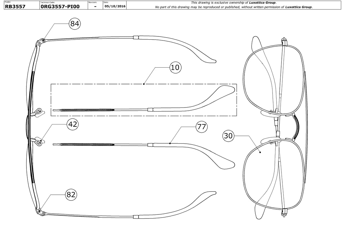 Exploded technical drawing of the Ray-Ban RB3557 Replacement Parts, with each replacement part numbered