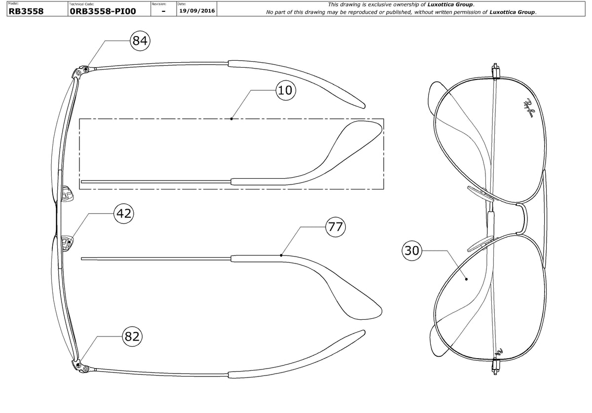 Enlarged technical drawing of the Ray-Ban RB3558 Replacement Parts