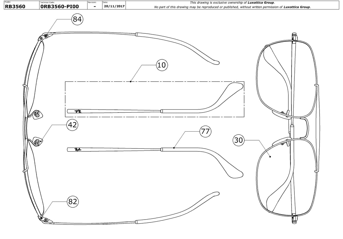 Exploded technical drawing of the Ray-Ban The Colonel RB3560 Replacement Parts, with each replacement part numbered