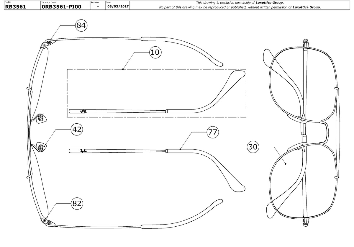 Enlarged technical drawing of the Ray-Ban The General RB3561 Replacement Parts