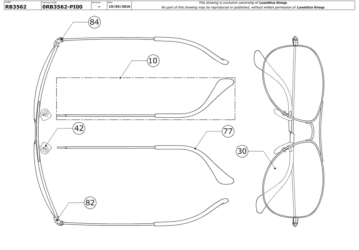 Enlarged technical drawing of the Ray-Ban RB3562 Replacement Parts