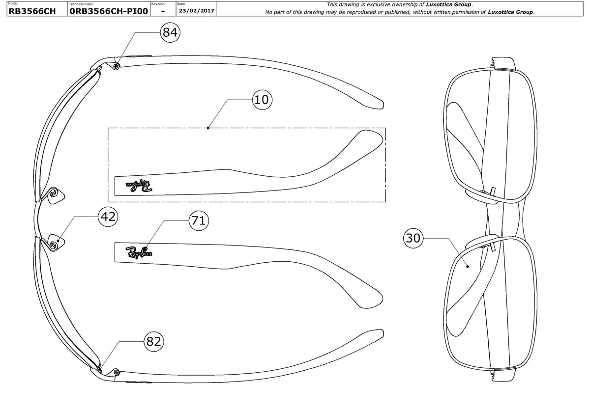 Enlarged technical drawing of the Ray-Ban RB3566CH Replacement Parts
