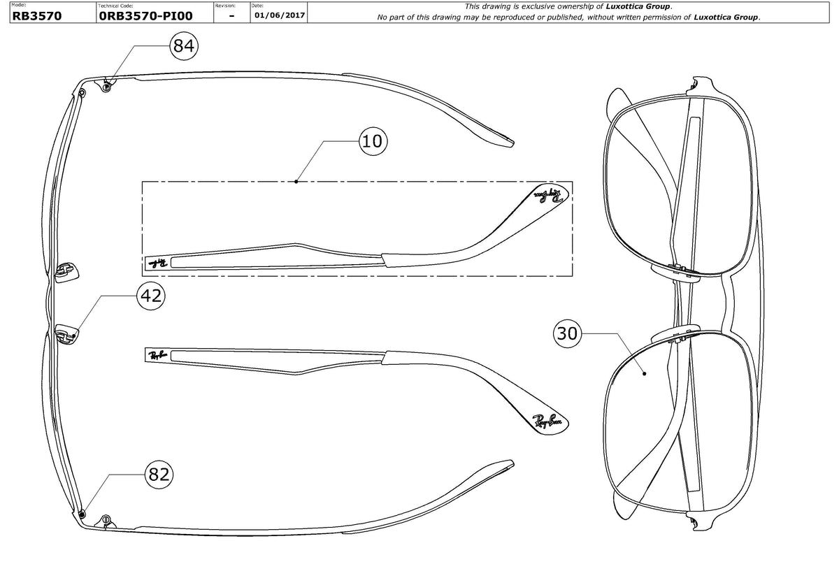 Exploded technical drawing of the Ray-Ban RB3570 Replacement Parts, with each replacement part numbered