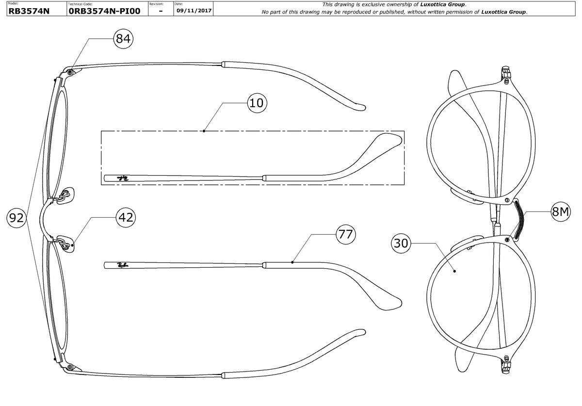 Enlarged technical drawing of the Ray-Ban Blaze Round RB3574N Replacement Parts