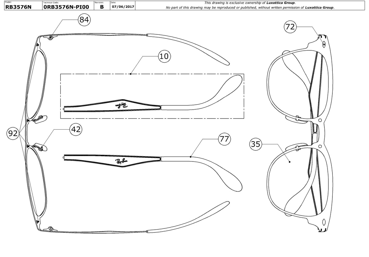 Enlarged technical drawing of the Ray-Ban Blaze Clubmaster RB3576N Replacement Parts