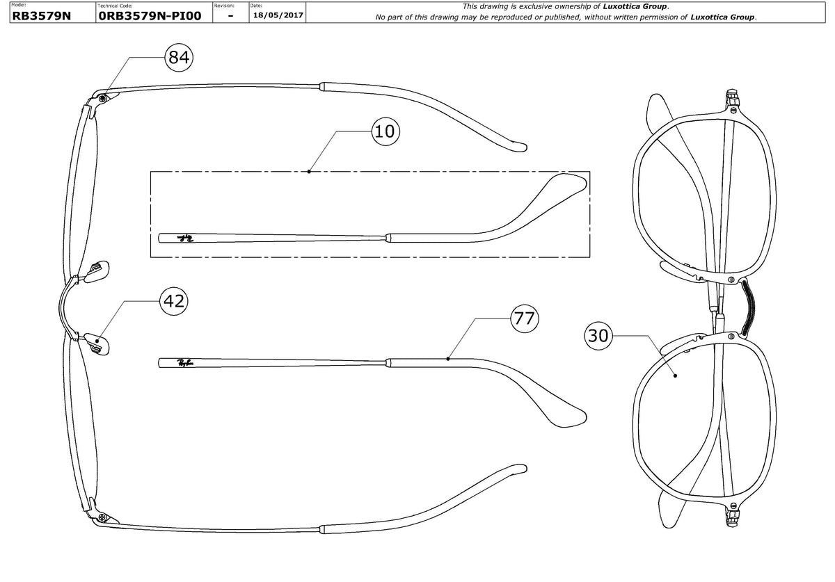 Exploded technical drawing of the Ray-Ban Blaze Hexagonal RB3579N Replacement Parts, with each replacement part numbered