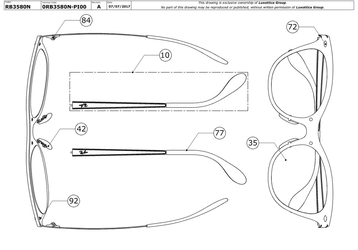 Exploded technical drawing of the Ray-Ban Blaze Cat Eye RB3580N Replacement Parts, with each replacement part numbered