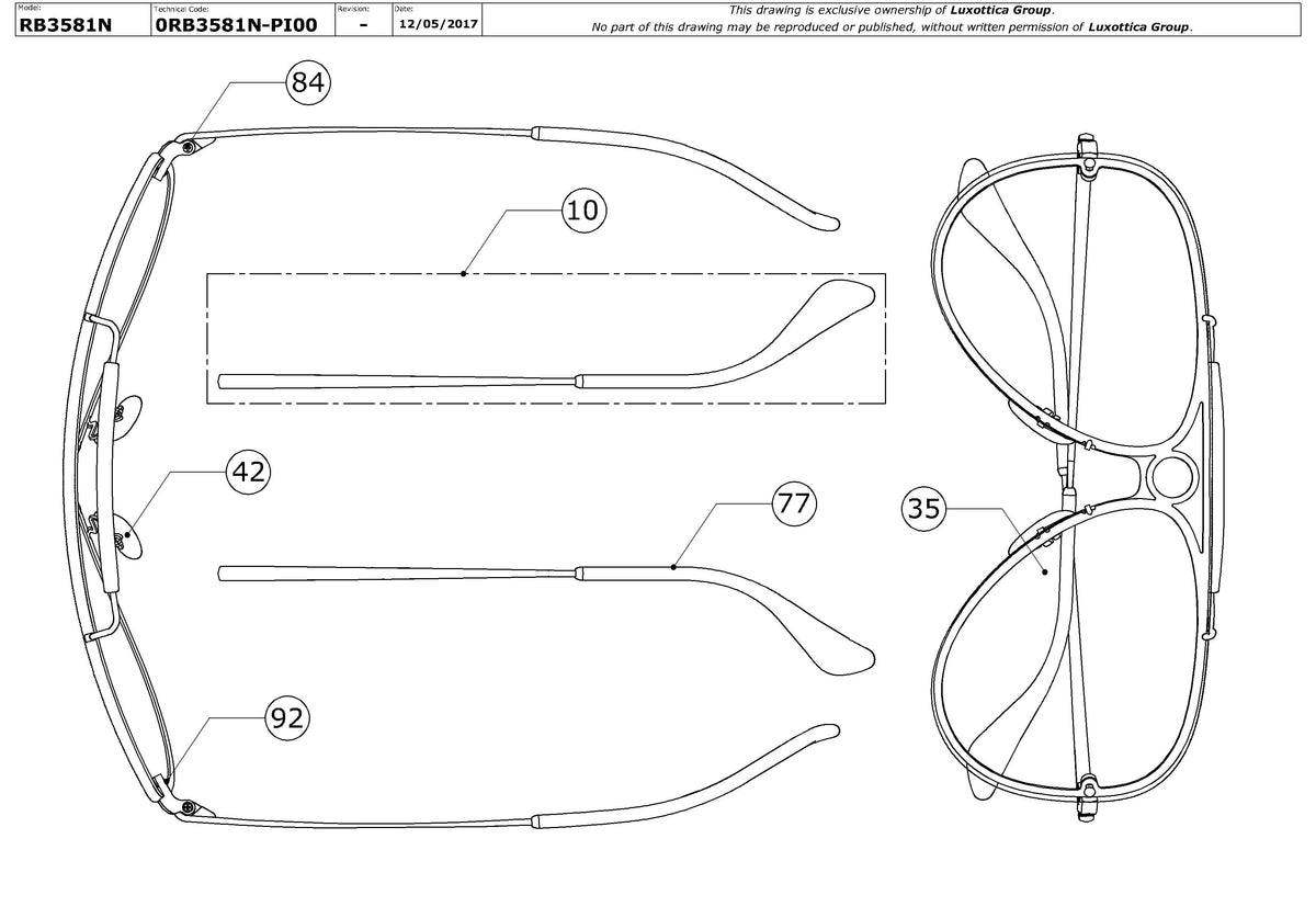 Exploded technical drawing of the Ray-Ban Blaze Shooter RB3581N Replacement Parts, with each replacement part numbered