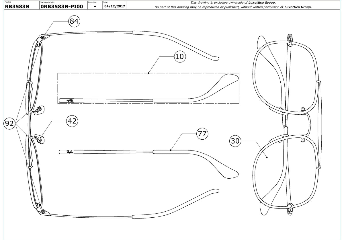 Enlarged technical drawing of the Ray-Ban Blaze The General RB3583N Replacement Parts