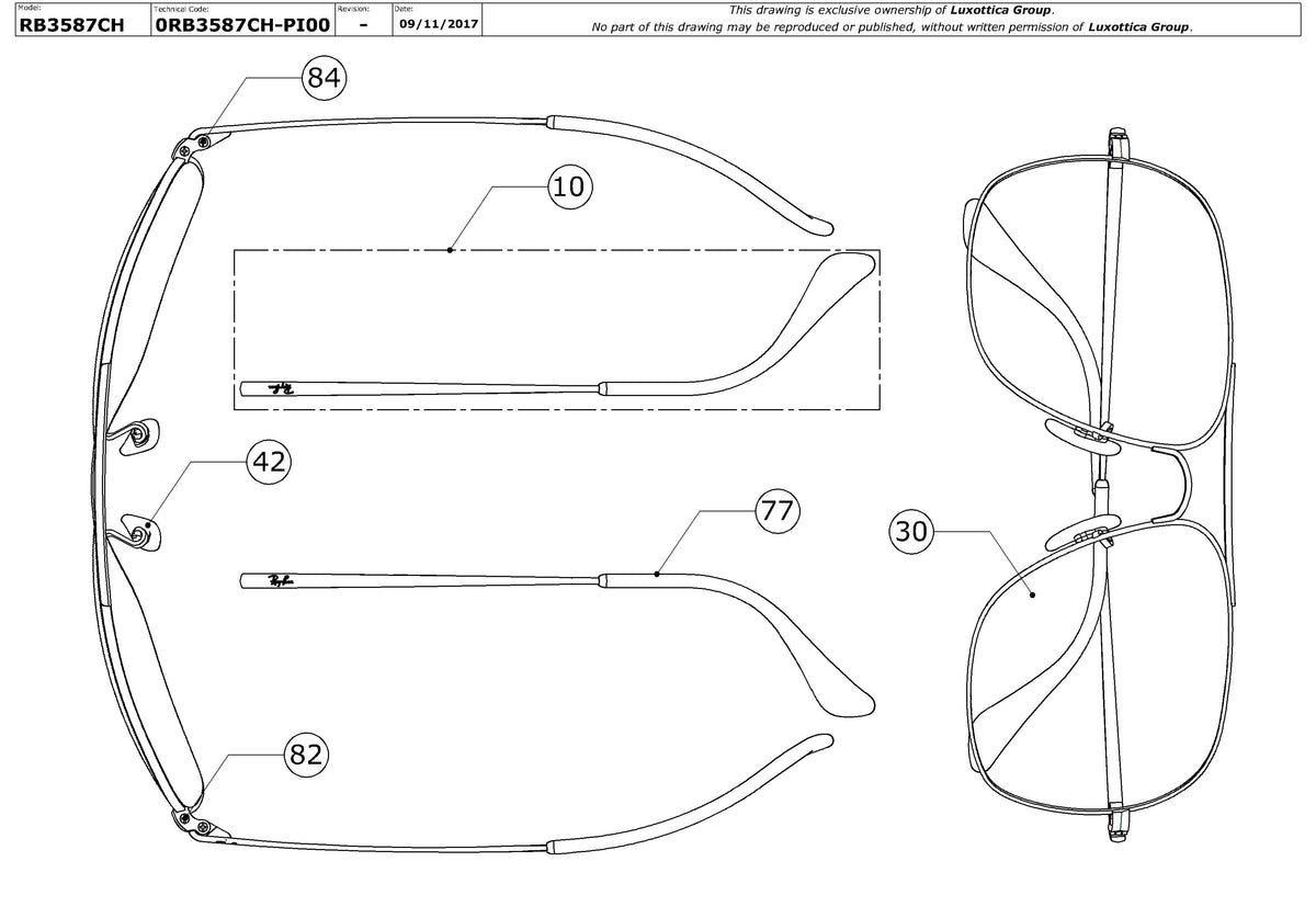 Exploded technical drawing of the Ray-Ban RB3587CH Replacement Parts, with each replacement part numbered
