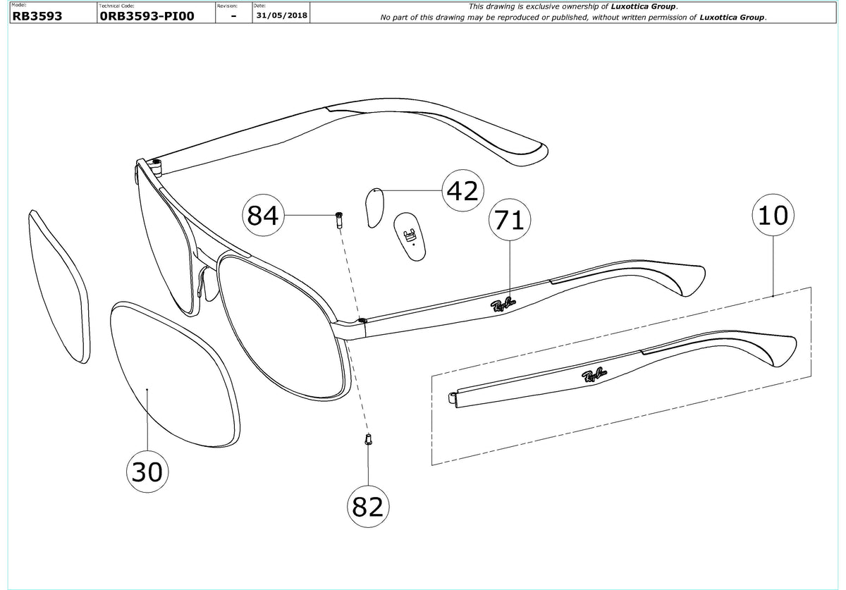 Enlarged technical drawing of the Ray-Ban RB3593 Replacement Parts