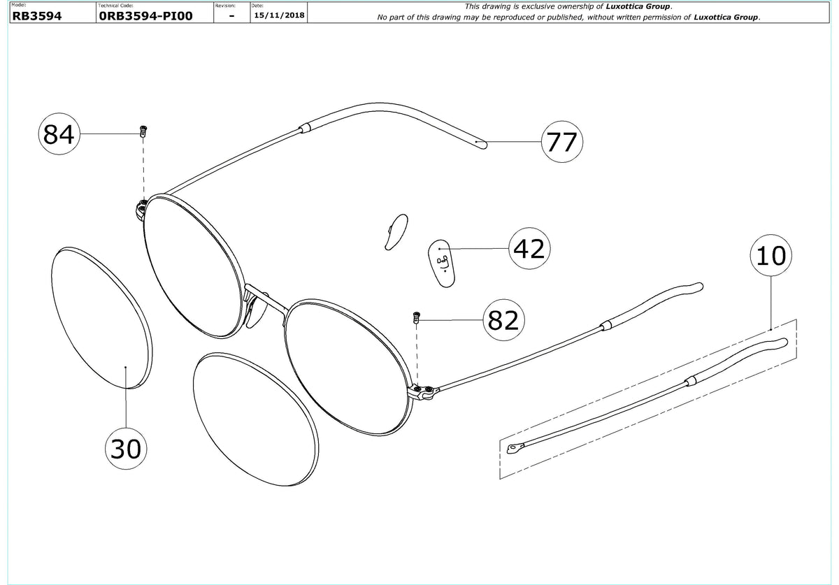 Enlarged technical drawing of the Ray-Ban RB3594 Replacement Parts