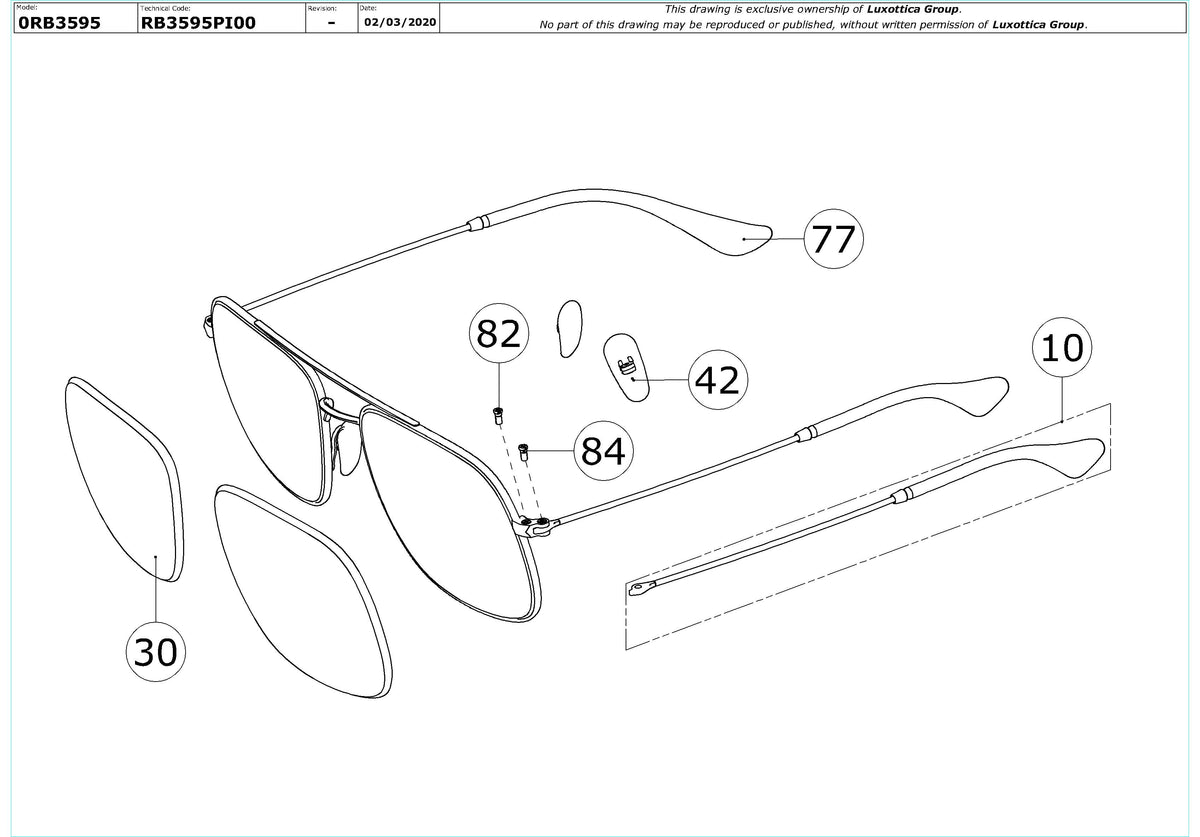 Exploded technical drawing of the Ray-Ban Andrea RB3595 Replacement Parts, with each replacement part numbered