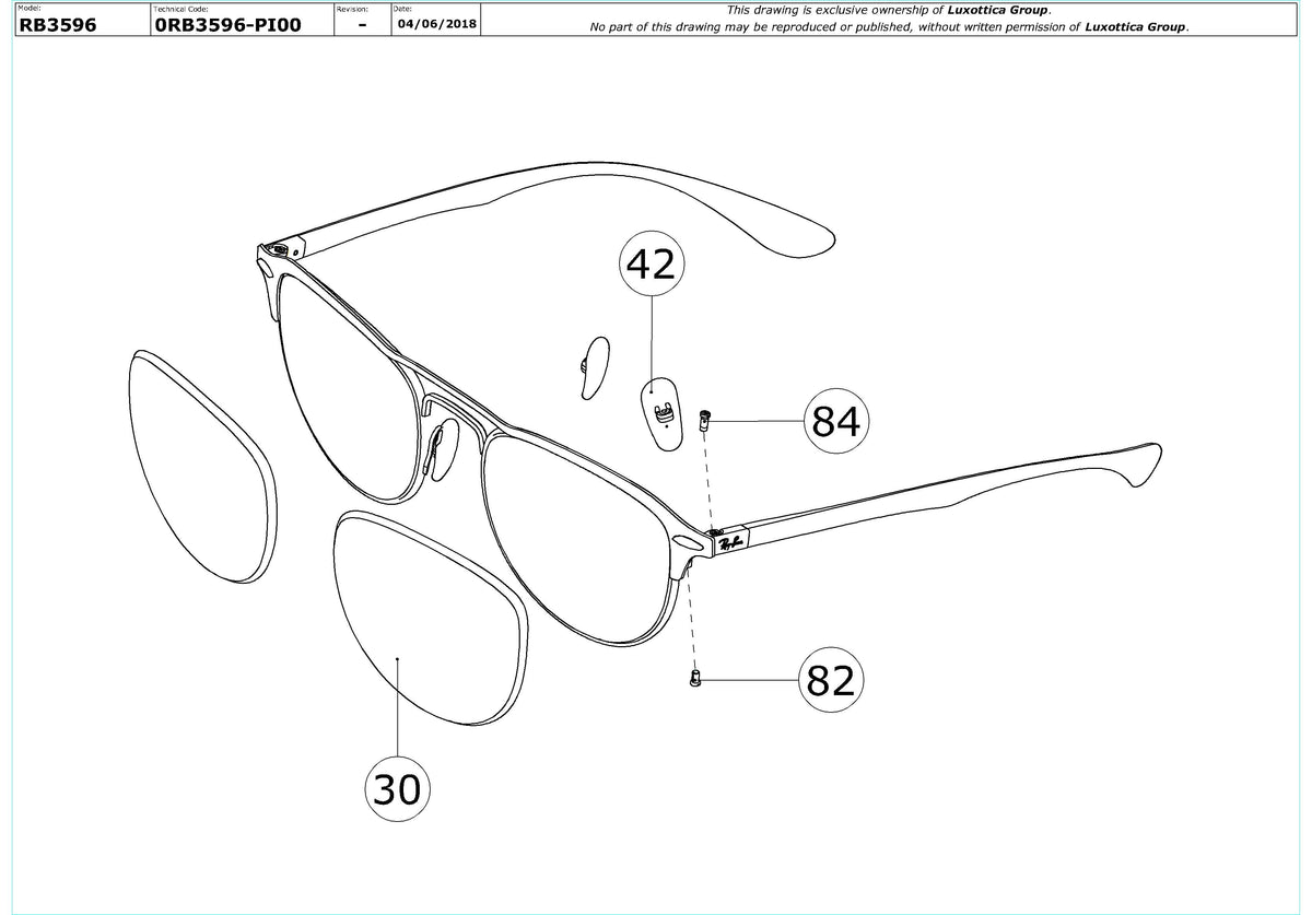 Enlarged technical drawing of the Ray-Ban RB3596 Replacement Parts