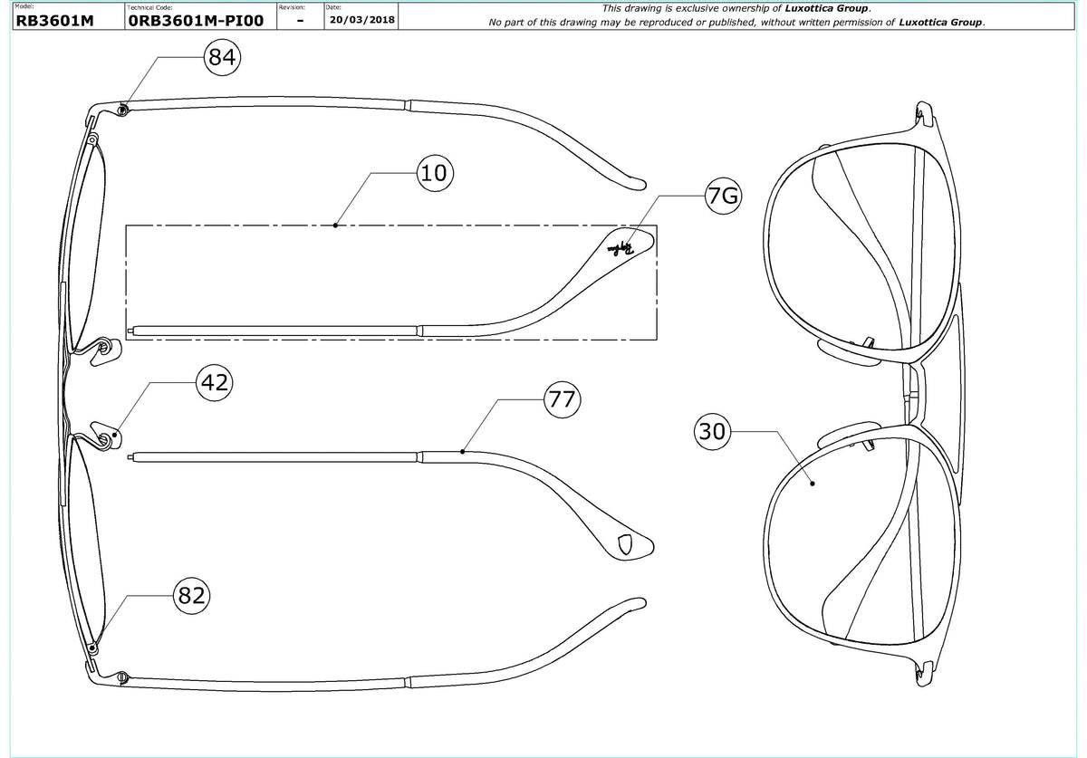 Enlarged technical drawing of the Ray-Ban Ferrari RB3601M Replacement Parts