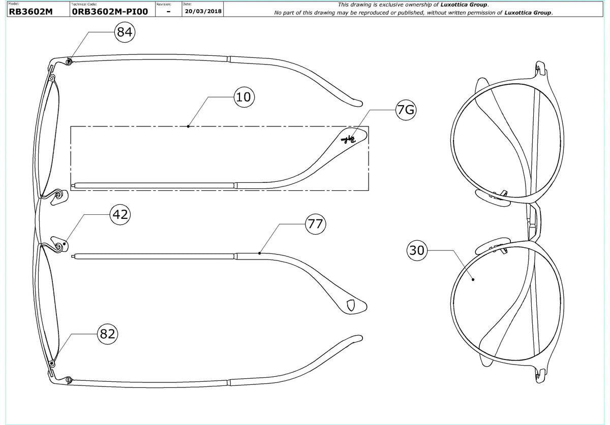 Exploded technical drawing of the Ray-Ban Ferrari RB3602M Replacement Parts, with each replacement part numbered