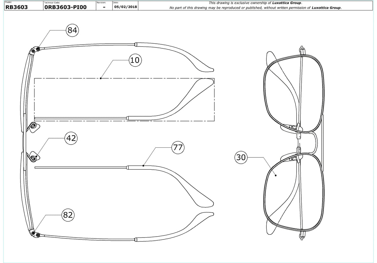 Exploded technical drawing of the Ray-Ban RB3603 Replacement Parts, with each replacement part numbered