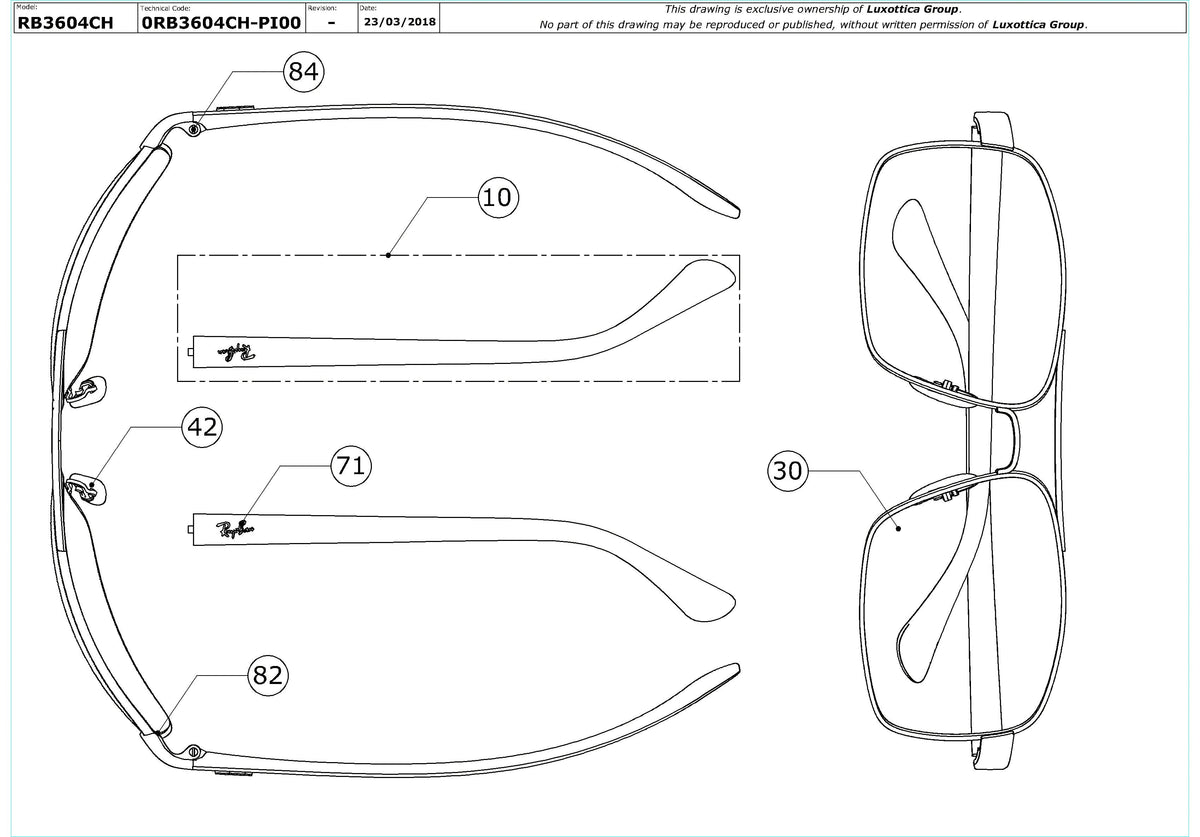 Exploded technical drawing of the Ray-Ban RB3604CH Replacement Parts, with each replacement part numbered