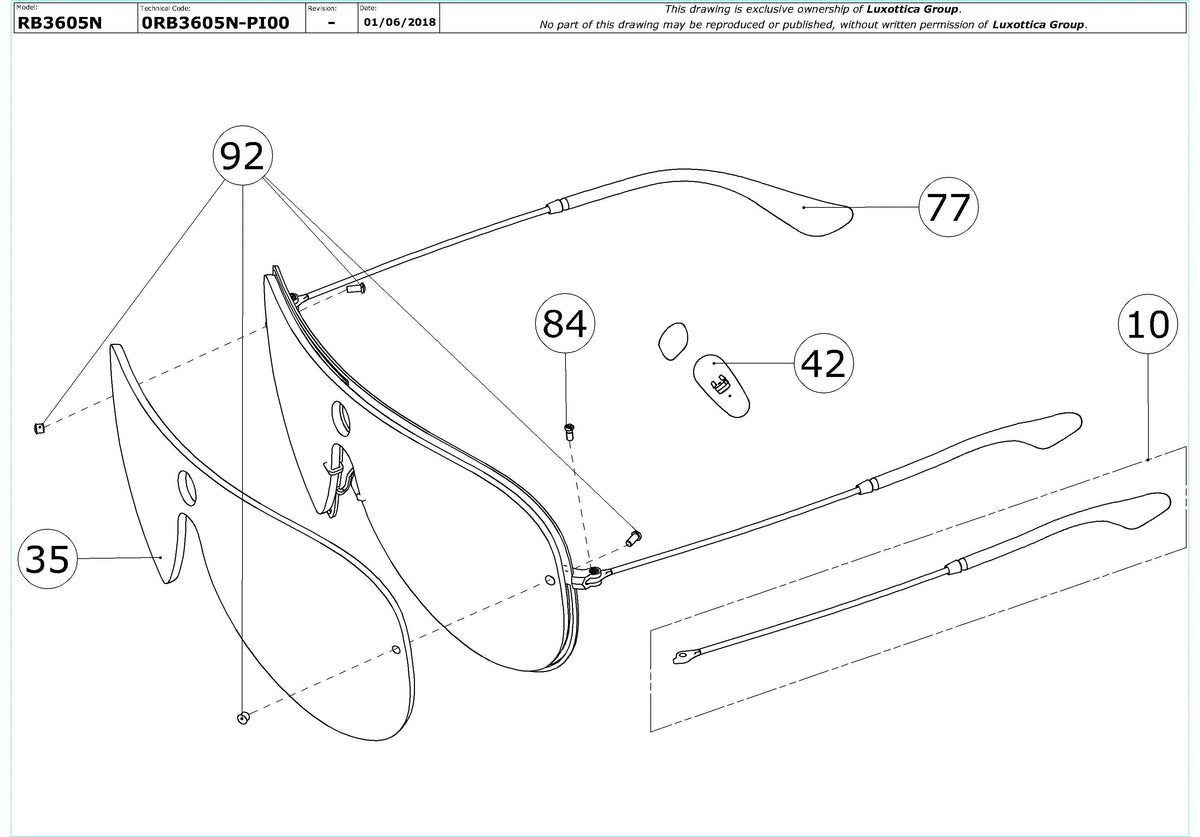 Enlarged technical drawing of the Ray-Ban RB3605N Replacement Parts