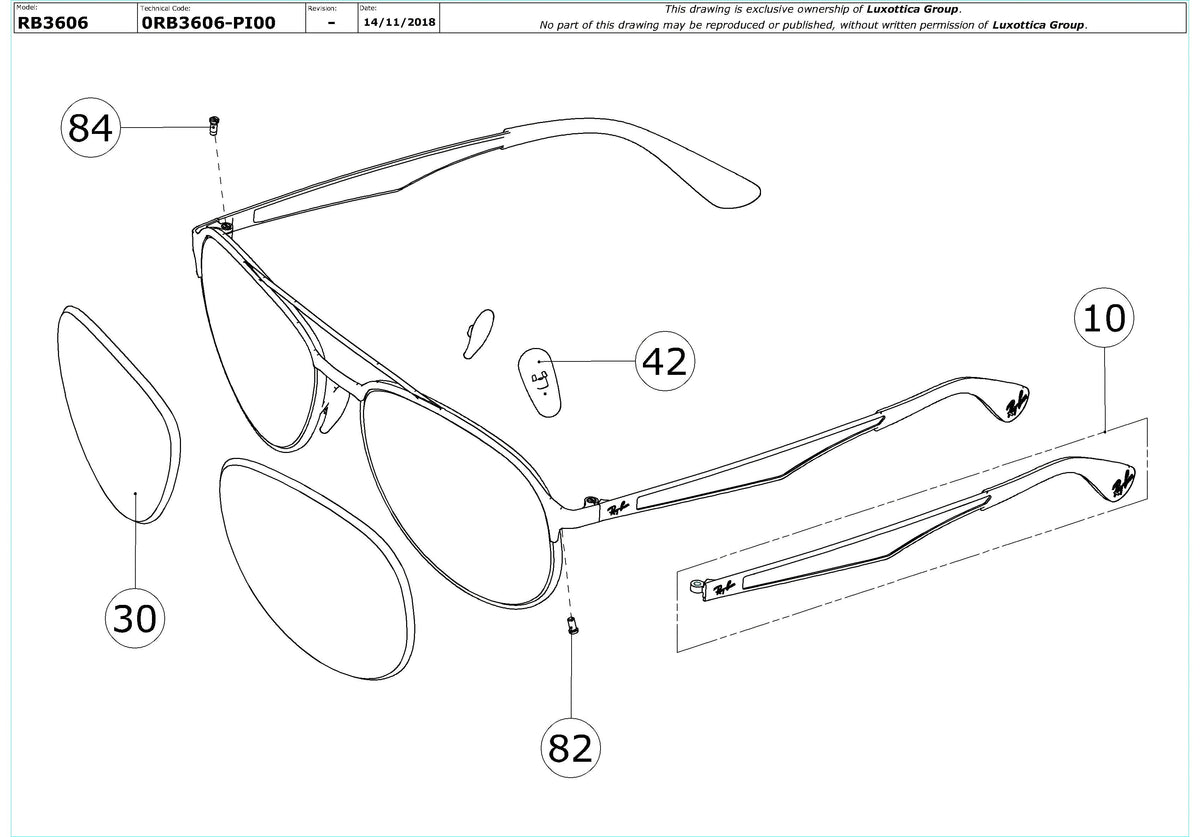 Exploded technical drawing of the Ray-Ban RB3606 Replacement Parts, with each replacement part numbered