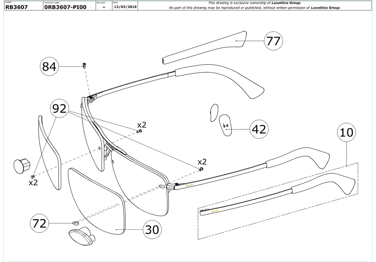 Enlarged technical drawing of the Ray-Ban RB3607 Replacement Parts