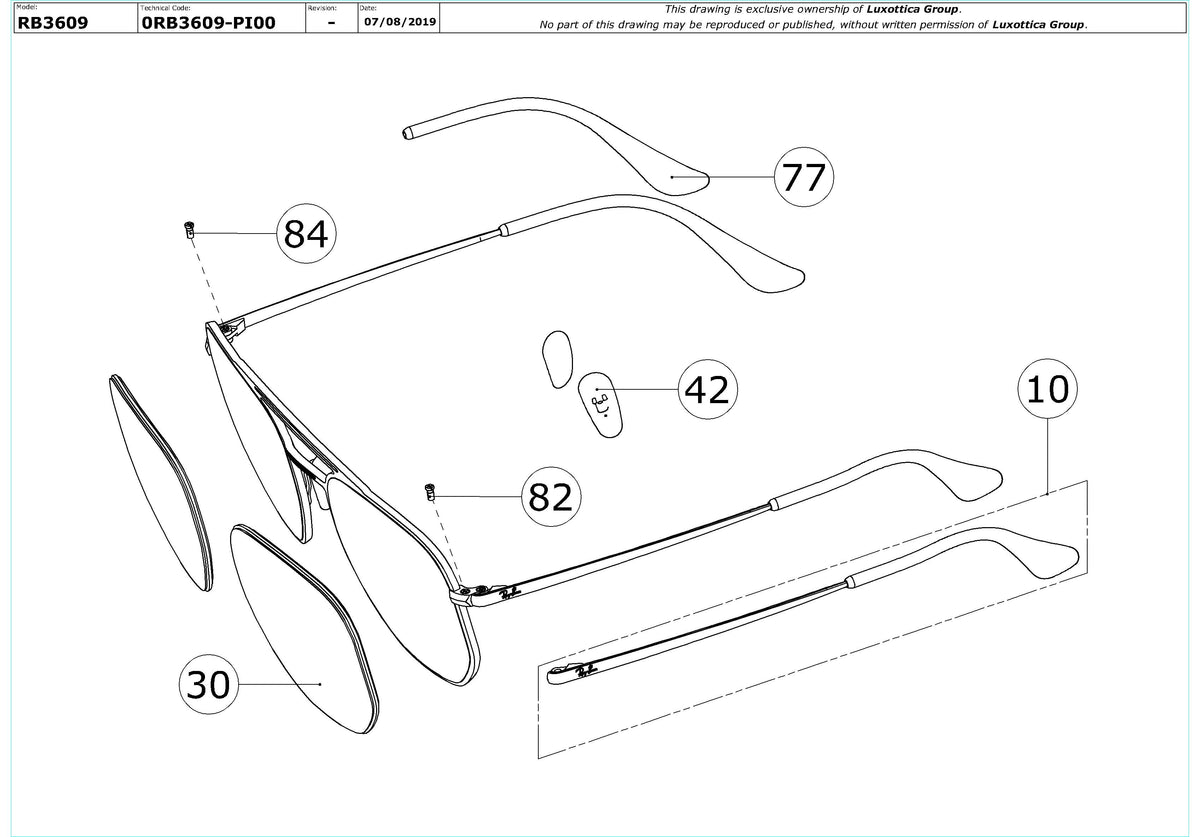 Enlarged technical drawing of the Ray-Ban RB3609 Replacement Parts