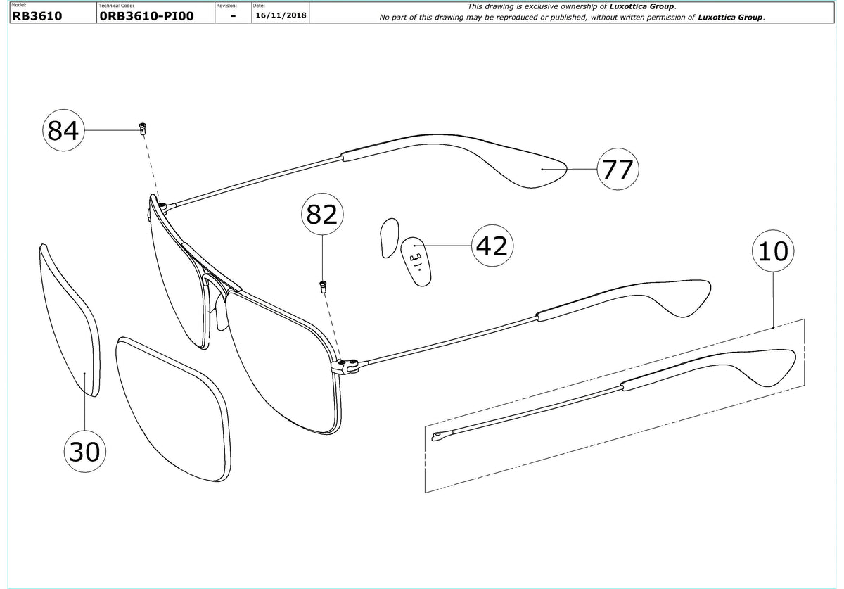 Exploded technical drawing of the Ray-Ban RB3610 Replacement Parts, with each replacement part numbered