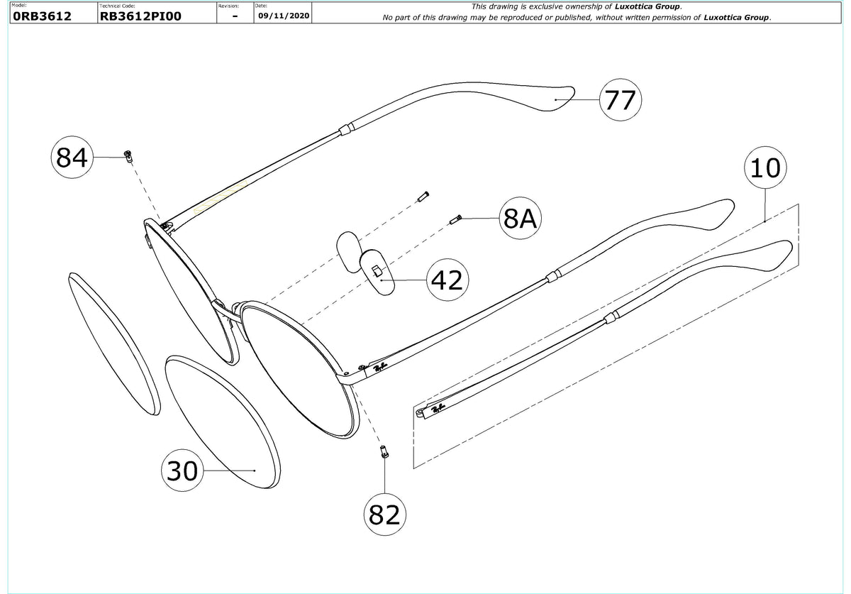 Enlarged technical drawing of the Ray-Ban RB3612 Replacement Parts