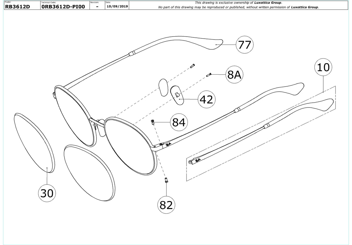 Exploded technical drawing of the Ray-Ban RB3612D Replacement Parts, with each replacement part numbered
