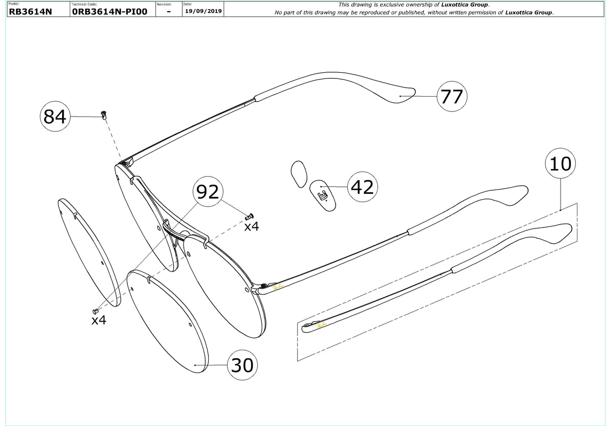 Enlarged technical drawing of the Ray-Ban Blaze Round Doublebridge RB3614N Replacement Parts