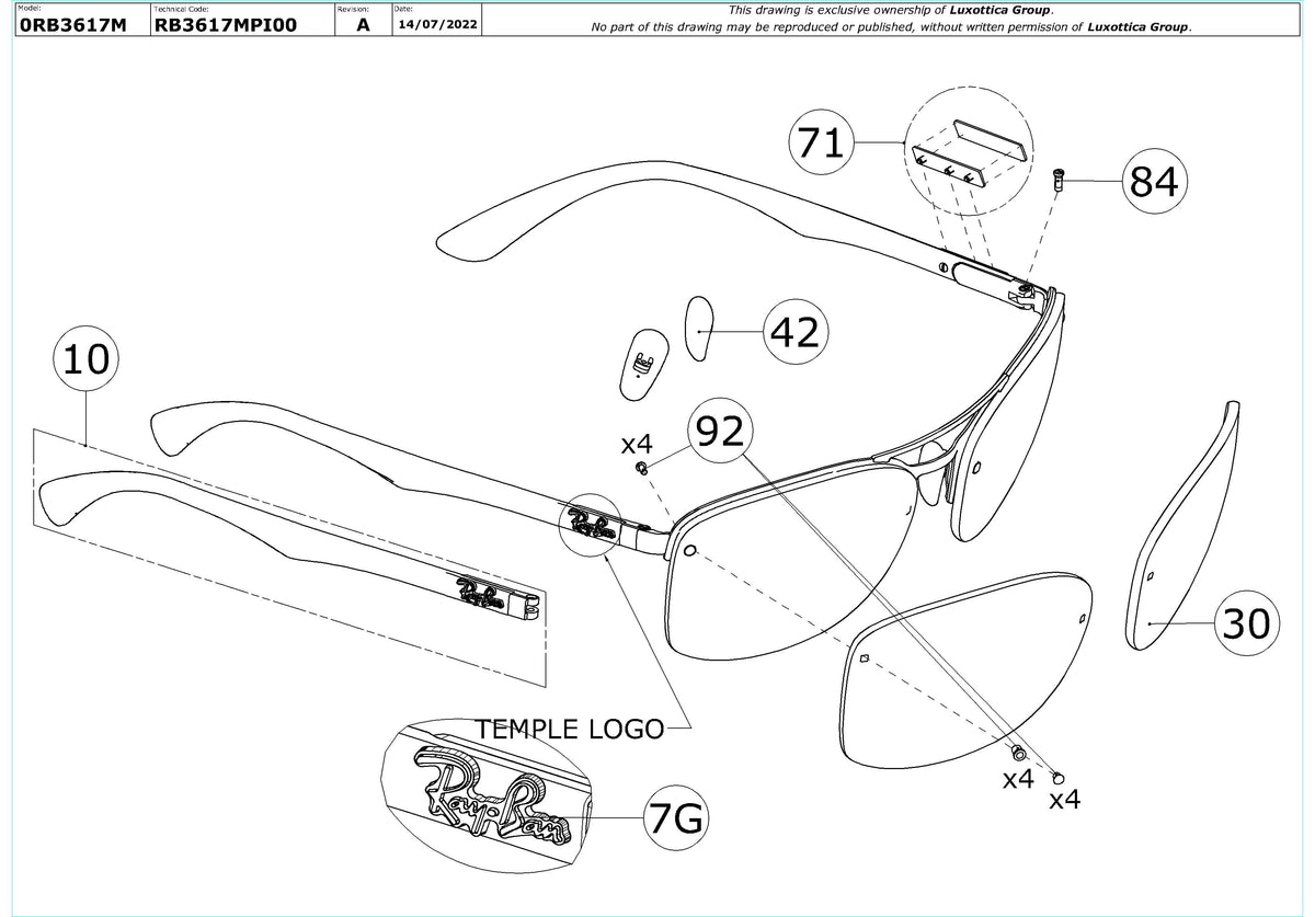 Exploded technical drawing of the Ray-Ban Ferrari RB3617M Replacement Parts, with each replacement part numbered