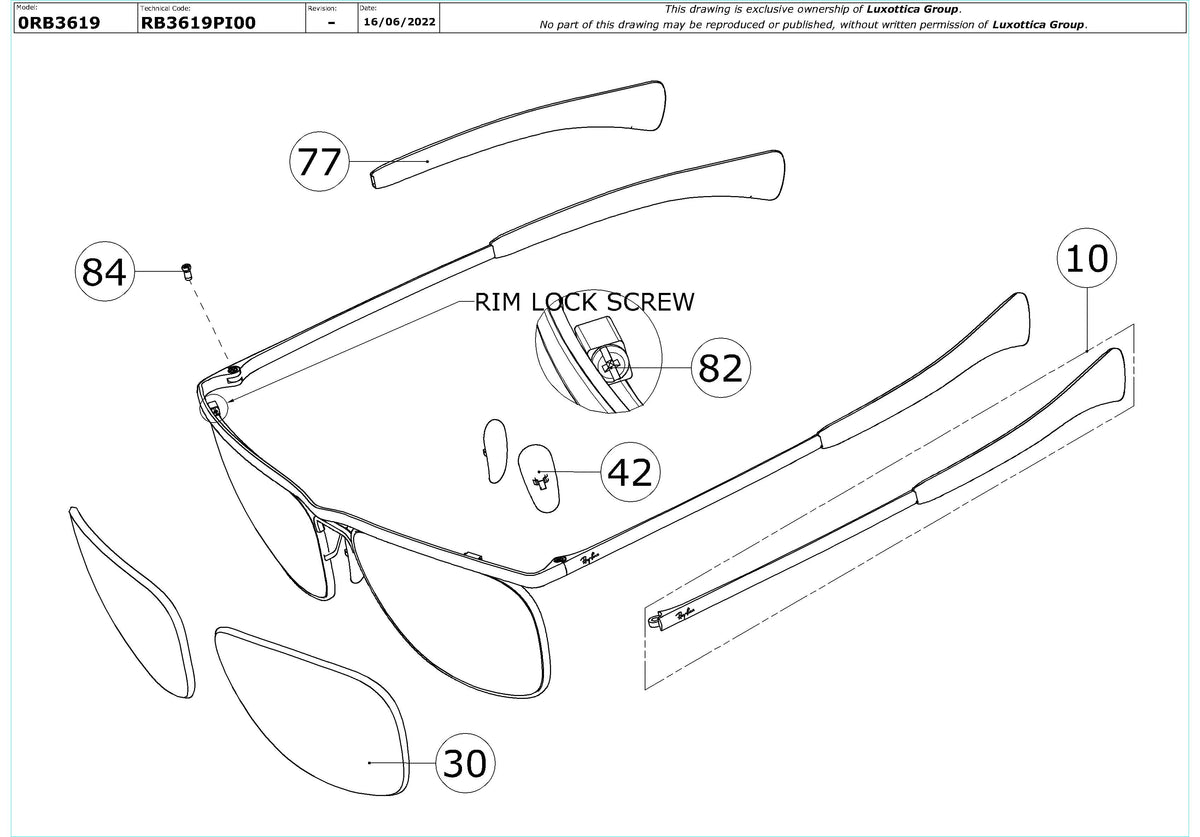 Enlarged technical drawing of the Ray-Ban Olympian II Deluxe RB3619 Replacement Parts
