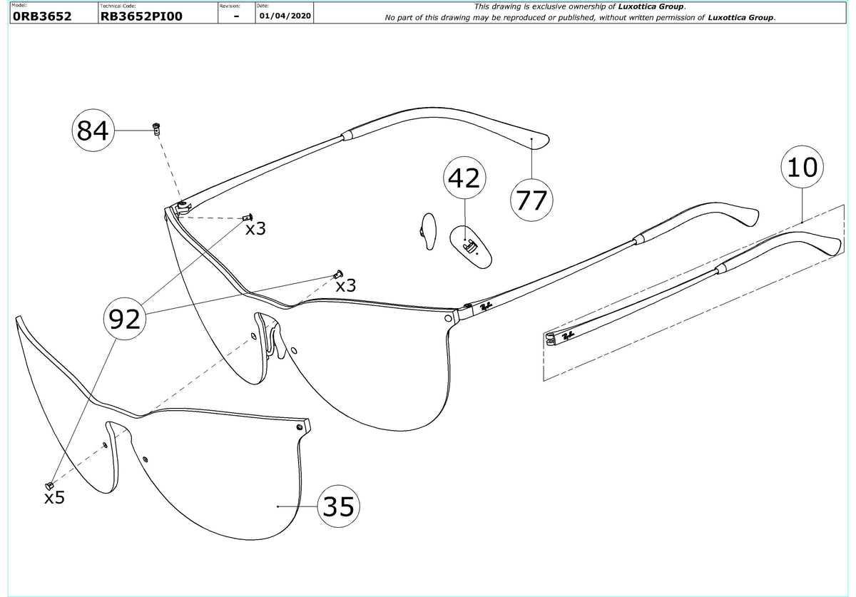 Enlarged technical drawing of the Ray-Ban RB3652 Replacement Parts