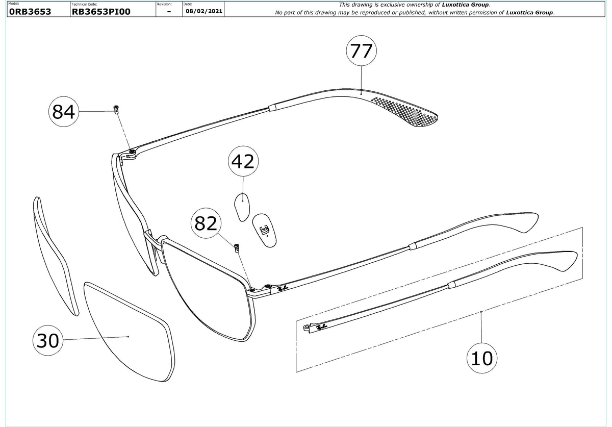 Enlarged technical drawing of the Ray-Ban RB3653 Replacement Parts