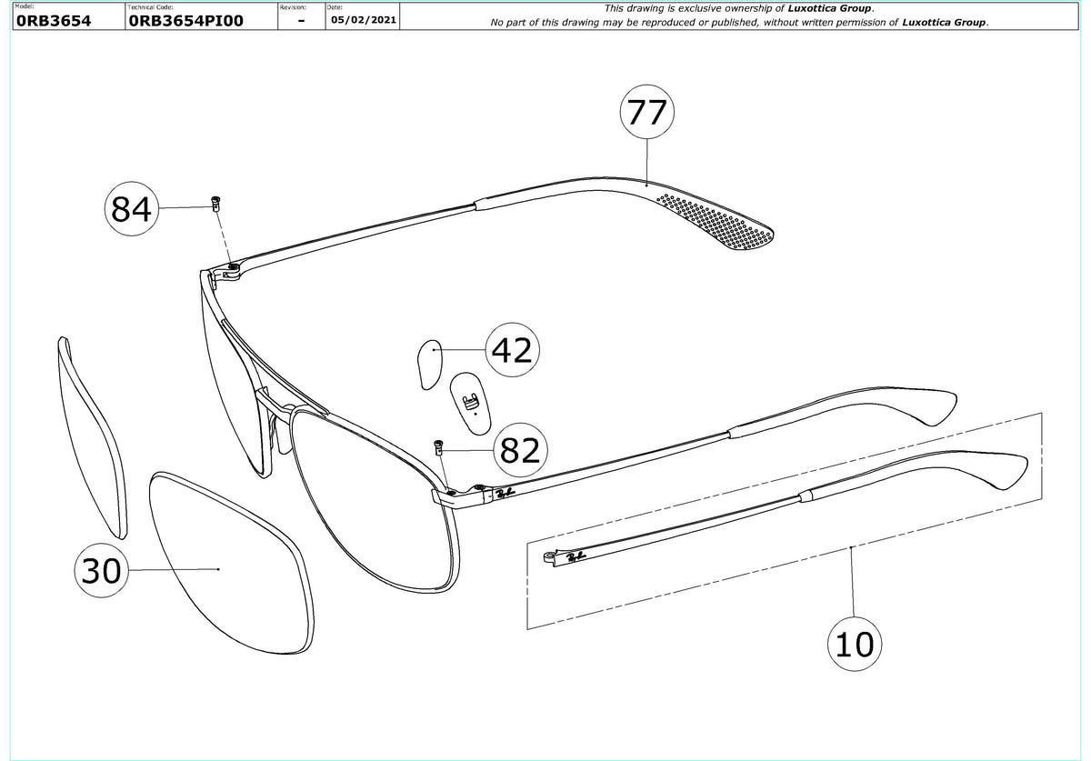 Enlarged technical drawing of the Ray-Ban RB3654 Replacement Parts
