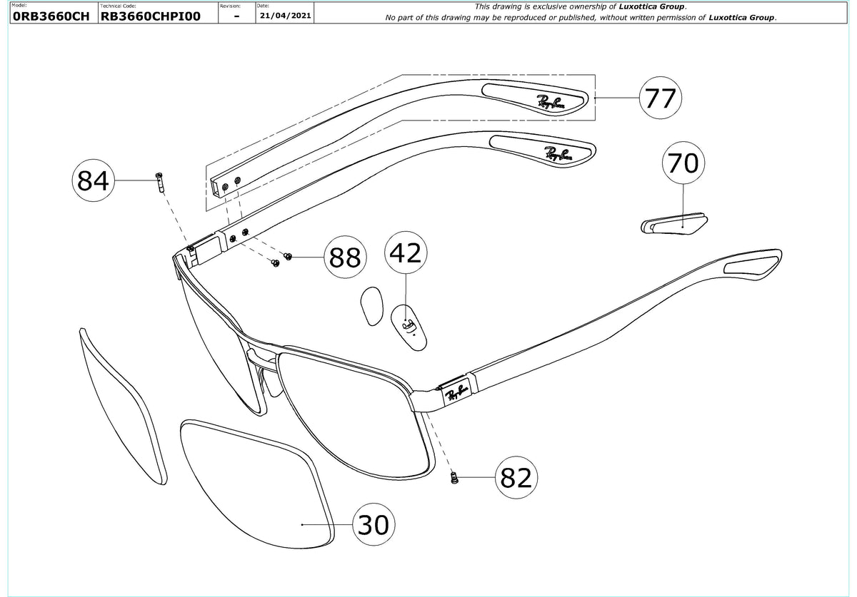 Exploded technical drawing of the Ray-Ban RB3660CH Replacement Parts, with each replacement part numbered