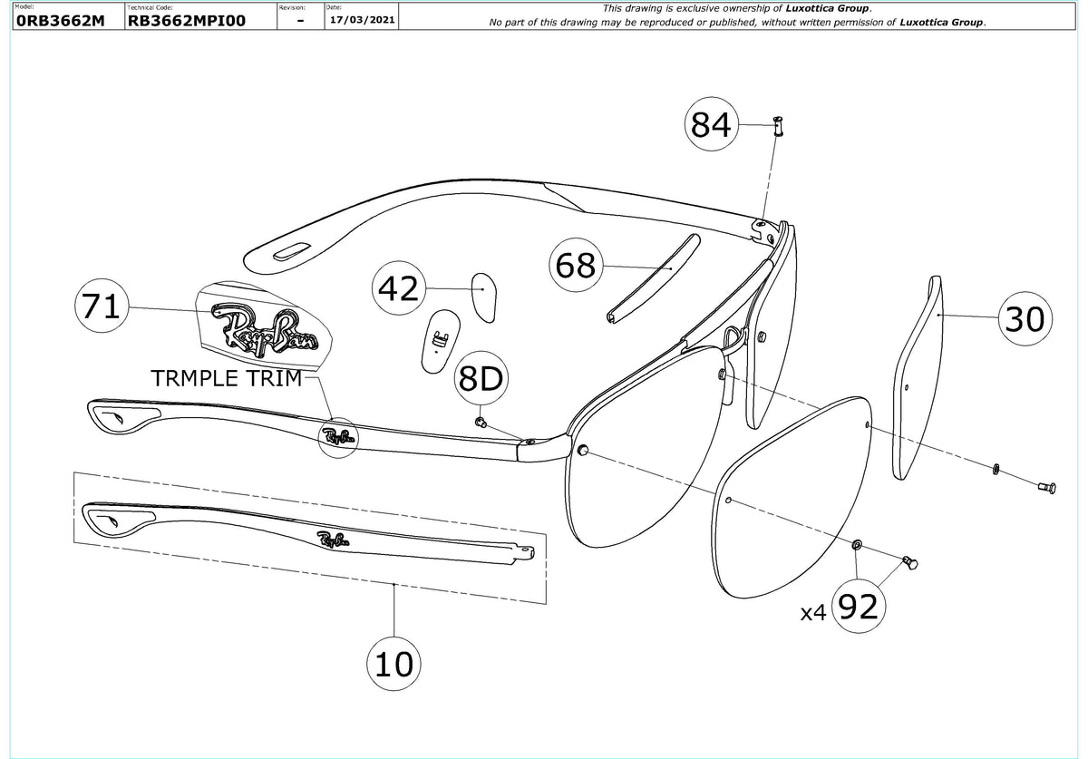 Exploded technical drawing of the Ray-Ban RB3662M Replacement Parts, with each replacement part numbered