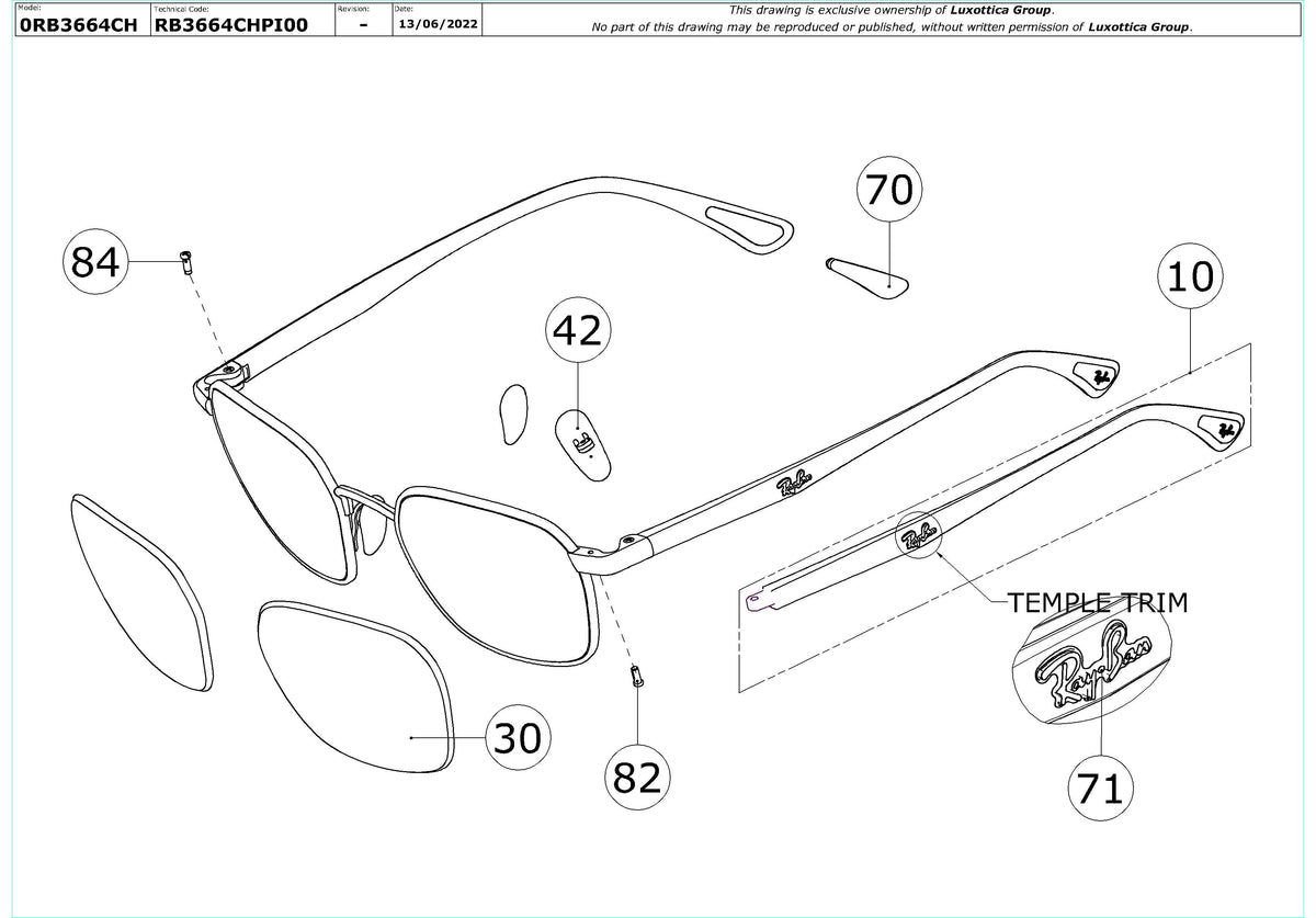 Exploded technical drawing of the Ray-Ban RB3664CH Replacement Parts, with each replacement part numbered