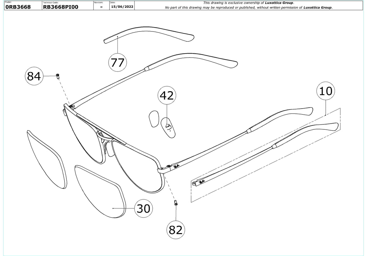 Exploded technical drawing of the Ray-Ban RB3668 Replacement Parts, with each replacement part numbered