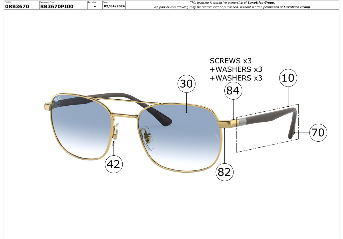 Enlarged technical drawing of the Ray-Ban RB3670 Replacement Parts