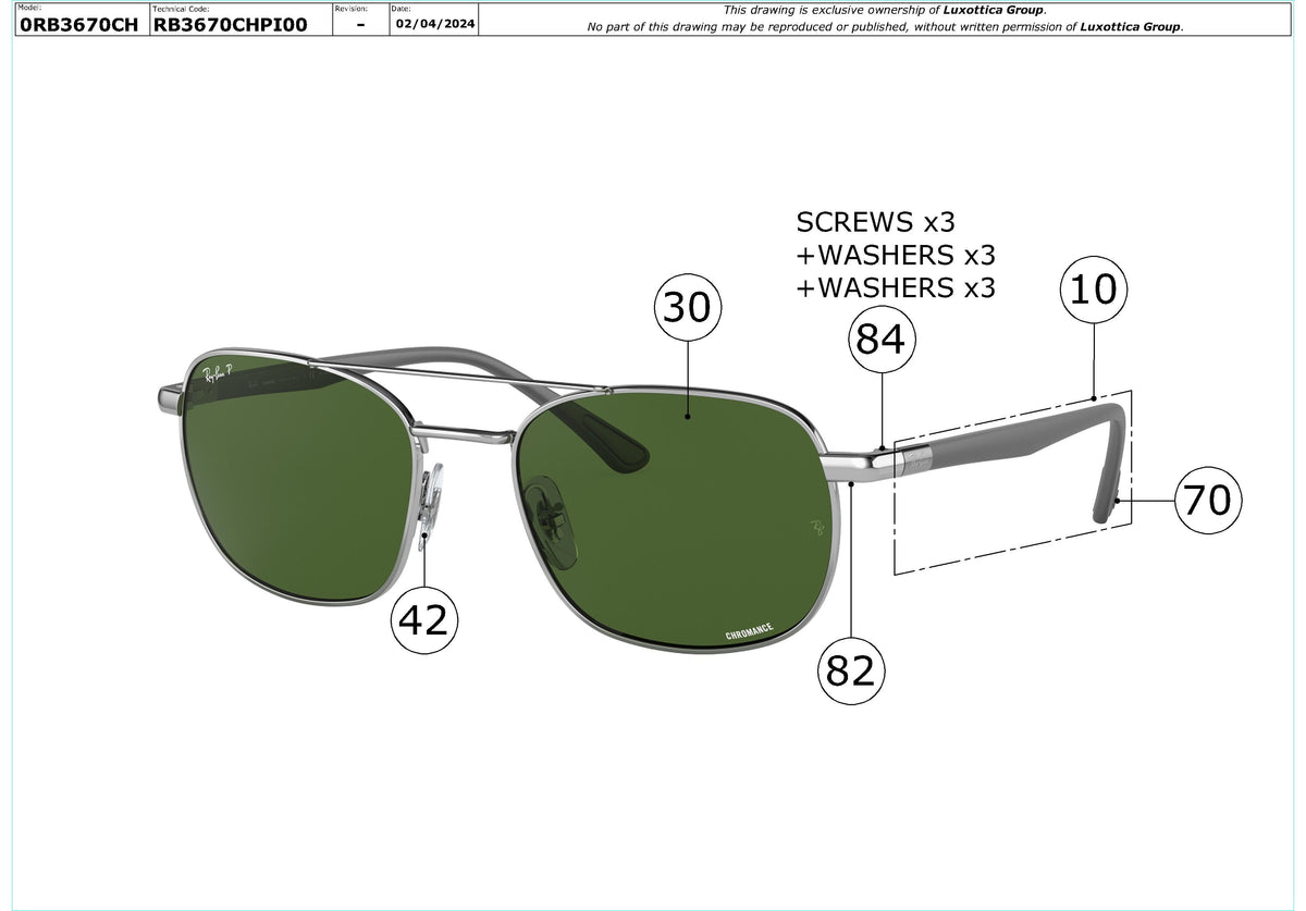 Enlarged technical drawing of the Ray-Ban RB3670CH Replacement Parts